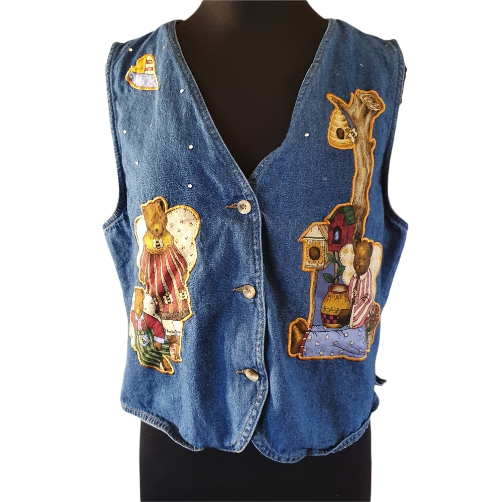 Vintage 90s Bear Honey Applique Denim Jean Vest
